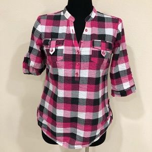 Cato half button plaid top size small